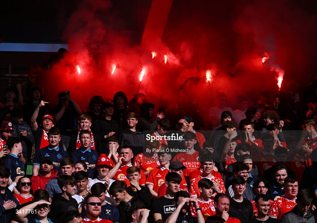 6 April 2026; Shelbourne supporters before the SSE Airtricity Men's Premier Division match between Shamrock Rovers and Shelbourne at Tallaght Stadium in Dublin. Photo by Piaras Ó Mídheach/Sportsfile