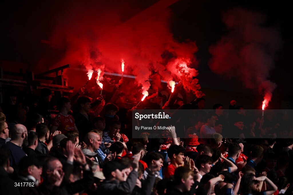 6 April 2026; Shelbourne supporters before the SSE Airtricity Men's Premier Division match between Shamrock Rovers and Shelbourne at Tallaght Stadium in Dublin. Photo by Piaras Ó Mídheach/Sportsfile
