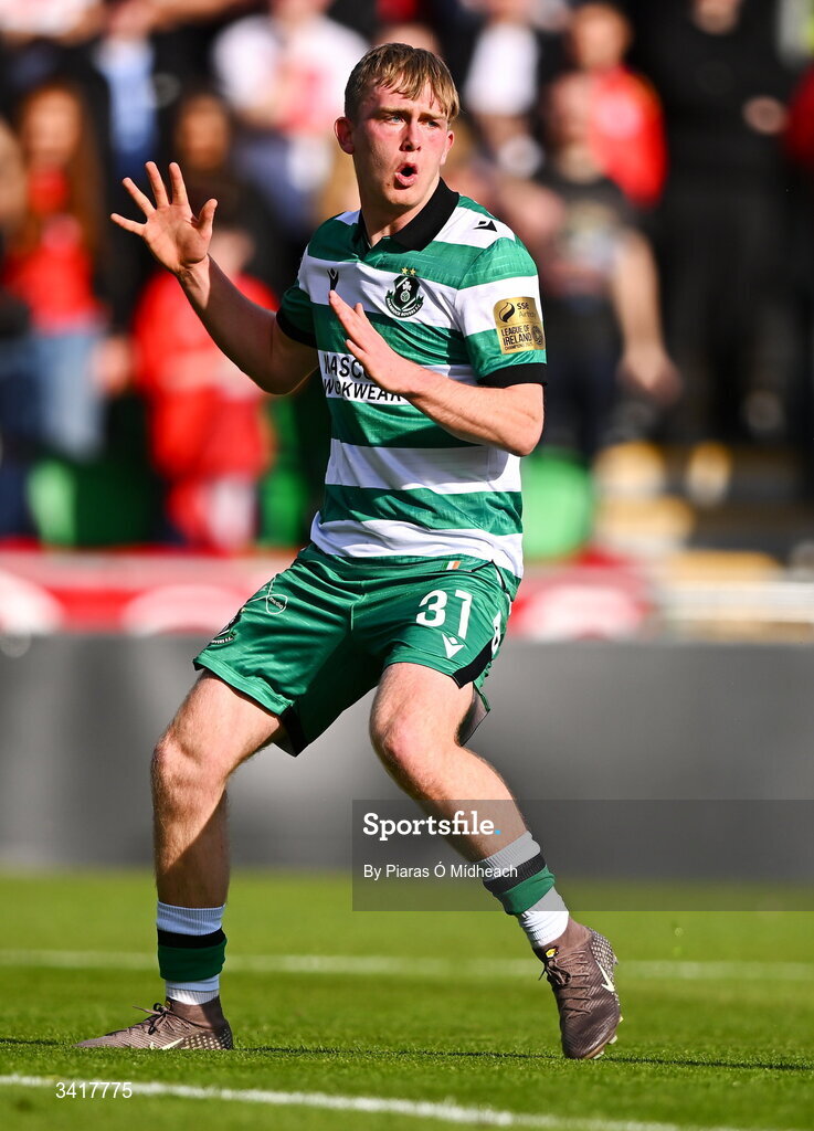 6 April 2026; Michael Noonan of Shamrock Rovers reacts after a missed chance during the SSE Airtricity Men's Premier Division match between Shamrock Rovers and Shelbourne at Tallaght Stadium in Dublin. Photo by Piaras Ó Mídheach/Sportsfile