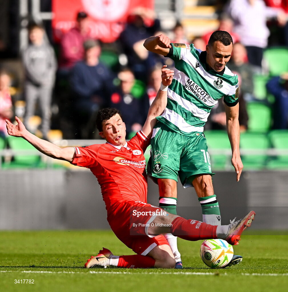 6 April 2026; Graham Burke of Shamrock Rovers in action against Ali Coote of Shelbourne during the SSE Airtricity Men's Premier Division match between Shamrock Rovers and Shelbourne at Tallaght Stadium in Dublin. Photo by Piaras Ó Mídheach/Sportsfile