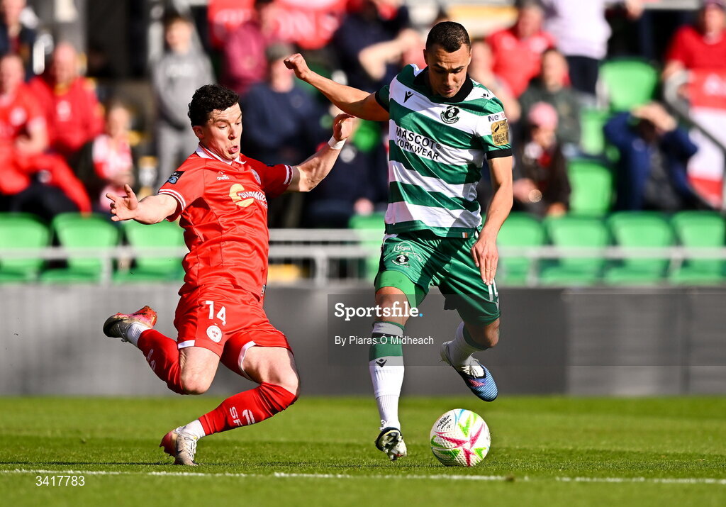 6 April 2026; Graham Burke of Shamrock Rovers in action against Ali Coote of Shelbourne during the SSE Airtricity Men's Premier Division match between Shamrock Rovers and Shelbourne at Tallaght Stadium in Dublin. Photo by Piaras Ó Mídheach/Sportsfile