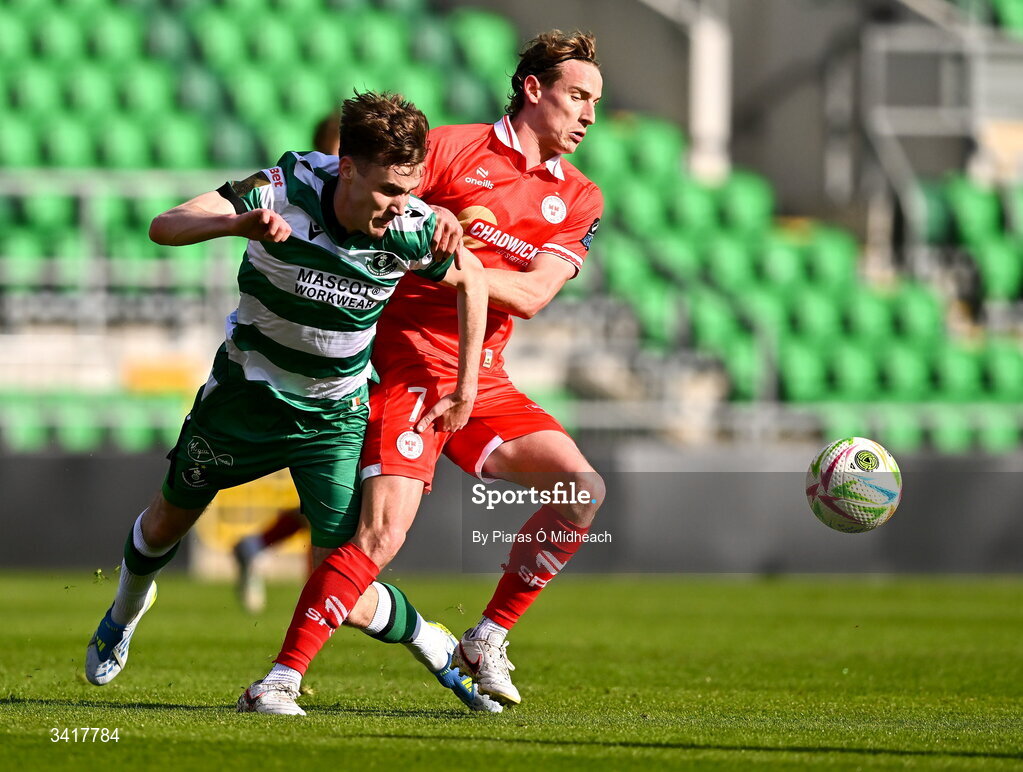 6 April 2026; Harry Wood of Shelbourne in action against Matt Healy of Shamrock Rovers during the SSE Airtricity Men's Premier Division match between Shamrock Rovers and Shelbourne at Tallaght Stadium in Dublin. Photo by Piaras Ó Mídheach/Sportsfile