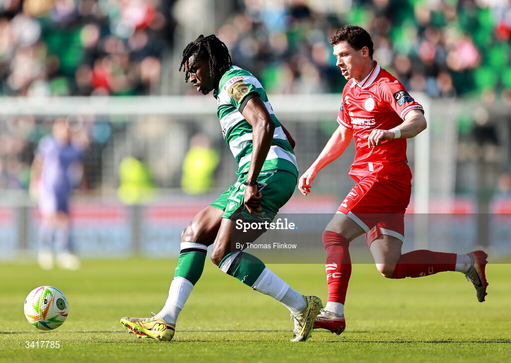 6 April 2026; Tunmise Sobowale of Shamrock Rovers in action against Ali Coote of Shelbourne during the SSE Airtricity Men's Premier Division match between Shamrock Rovers and Shelbourne at Tallaght Stadium in Dublin. Photo by Thomas Flinkow/Sportsfile