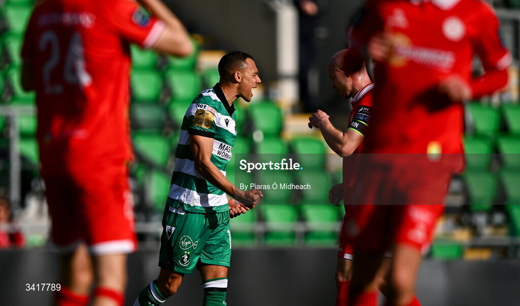 6 April 2026; Graham Burke of Shamrock Rovers reacts after a missed chance during the SSE Airtricity Men's Premier Division match between Shamrock Rovers and Shelbourne at Tallaght Stadium in Dublin. Photo by Piaras Ó Mídheach/Sportsfile