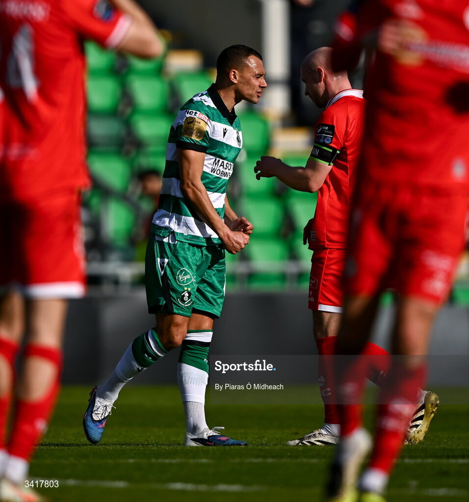 6 April 2026; Graham Burke of Shamrock Rovers reacts after a missed chance during the SSE Airtricity Men's Premier Division match between Shamrock Rovers and Shelbourne at Tallaght Stadium in Dublin. Photo by Piaras Ó Mídheach/Sportsfile