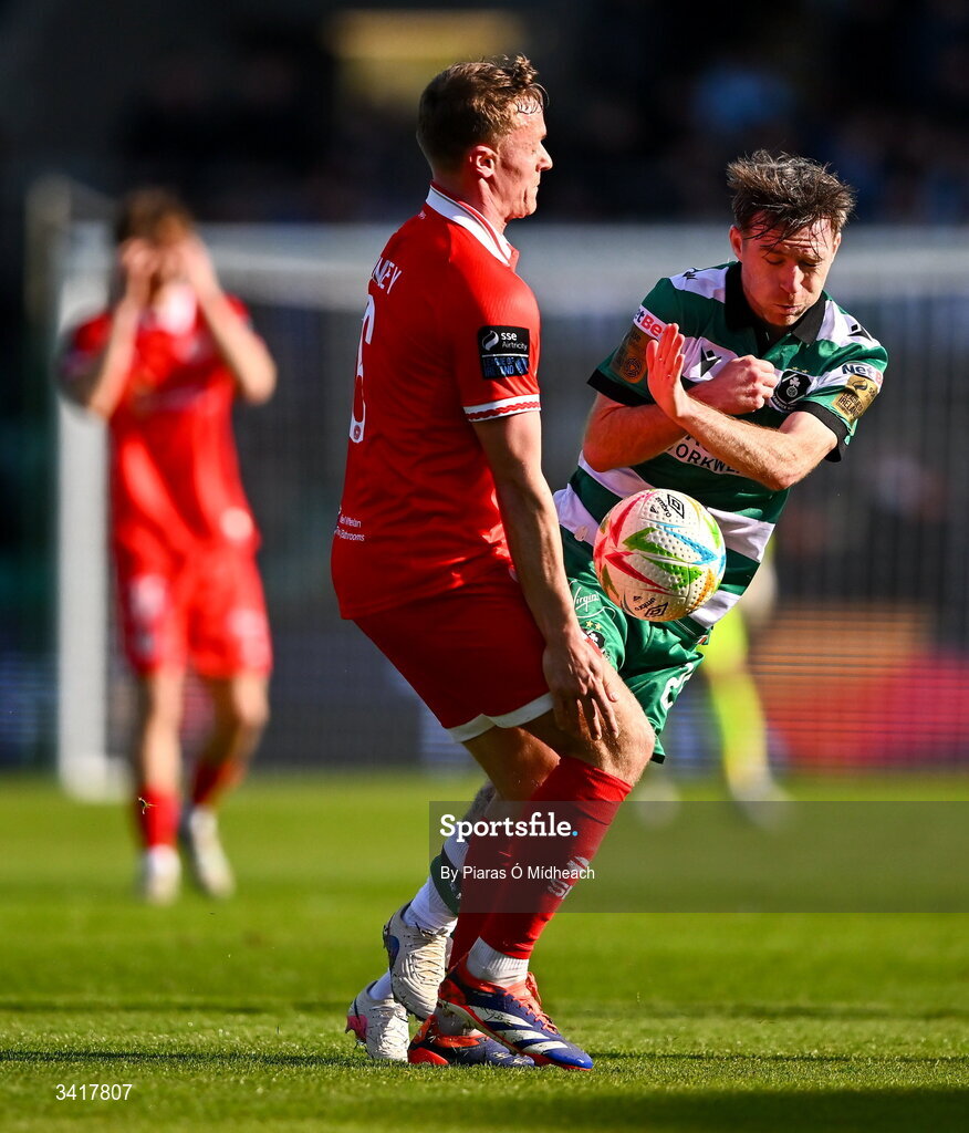 6 April 2026; Jack Byrne of Shamrock Rovers in action against JJ Lunney of Shelbourne during the SSE Airtricity Men's Premier Division match between Shamrock Rovers and Shelbourne at Tallaght Stadium in Dublin. Photo by Piaras Ó Mídheach/Sportsfile