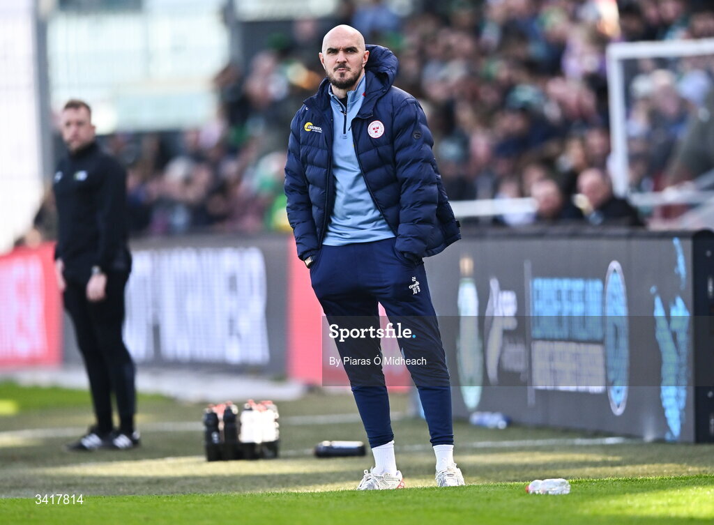 6 April 2026; Shelbourne head coach Joey O'Brien during the SSE Airtricity Men's Premier Division match between Shamrock Rovers and Shelbourne at Tallaght Stadium in Dublin. Photo by Piaras Ó Mídheach/Sportsfile