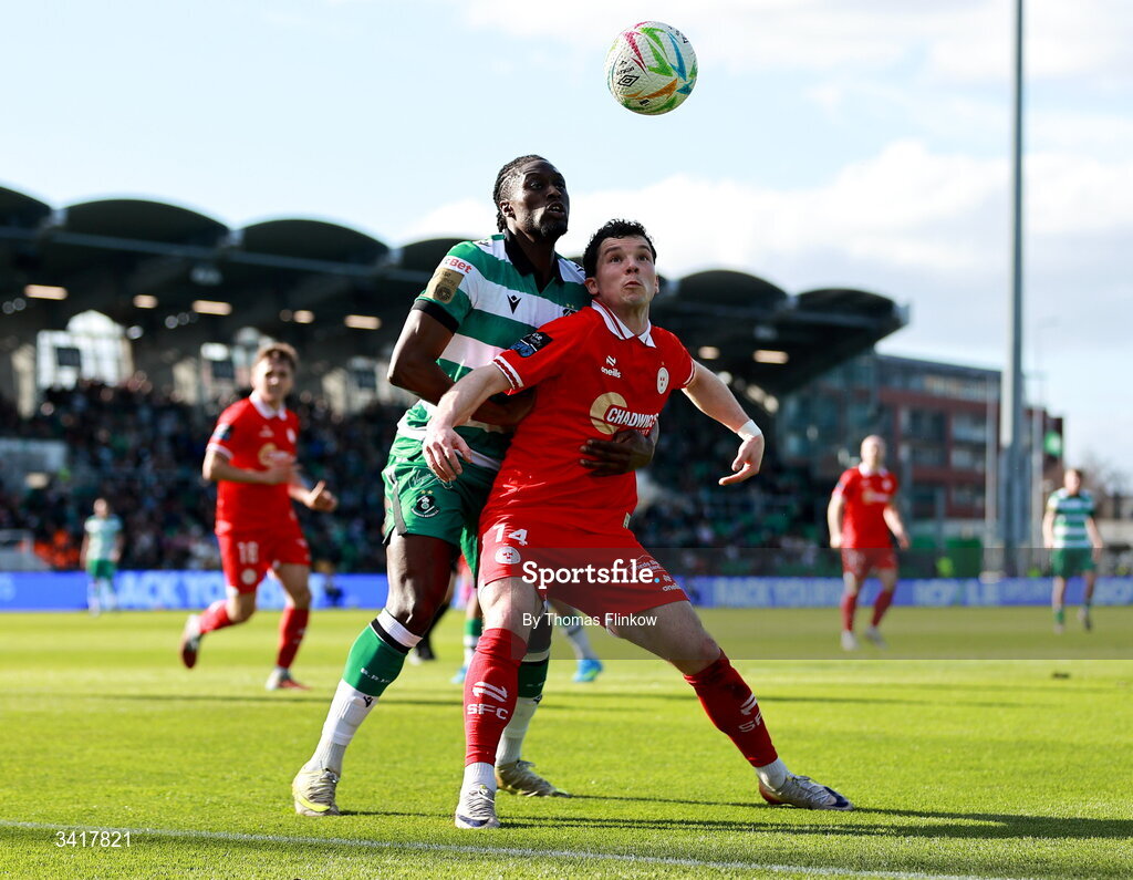 6 April 2026; Ali Coote of Shelbourne in action against Tunmise Sobowale of Shamrock Rovers during the SSE Airtricity Men's Premier Division match between Shamrock Rovers and Shelbourne at Tallaght Stadium in Dublin. Photo by Thomas Flinkow/Sportsfile