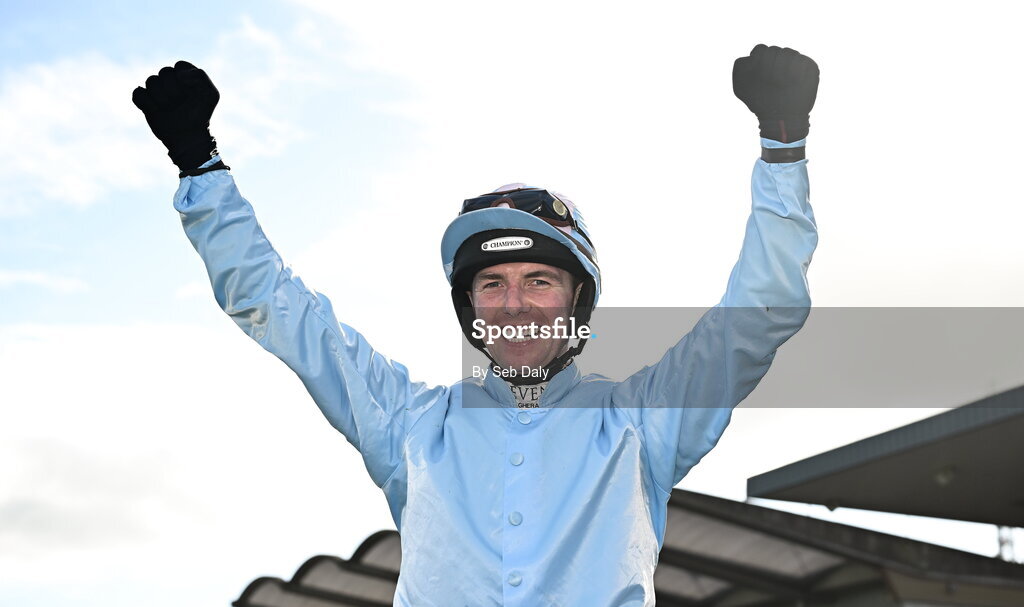 6 April 2026; Jockey Donagh Meyler celebrates after winning the BOYLE Sports Irish Grand National Steeplechase on Soldier In Milan during day three of the Fairyhouse Easter Festival at Fairyhouse Racecourse in Ratoath, Meath. Photo by Seb Daly/Sportsfile