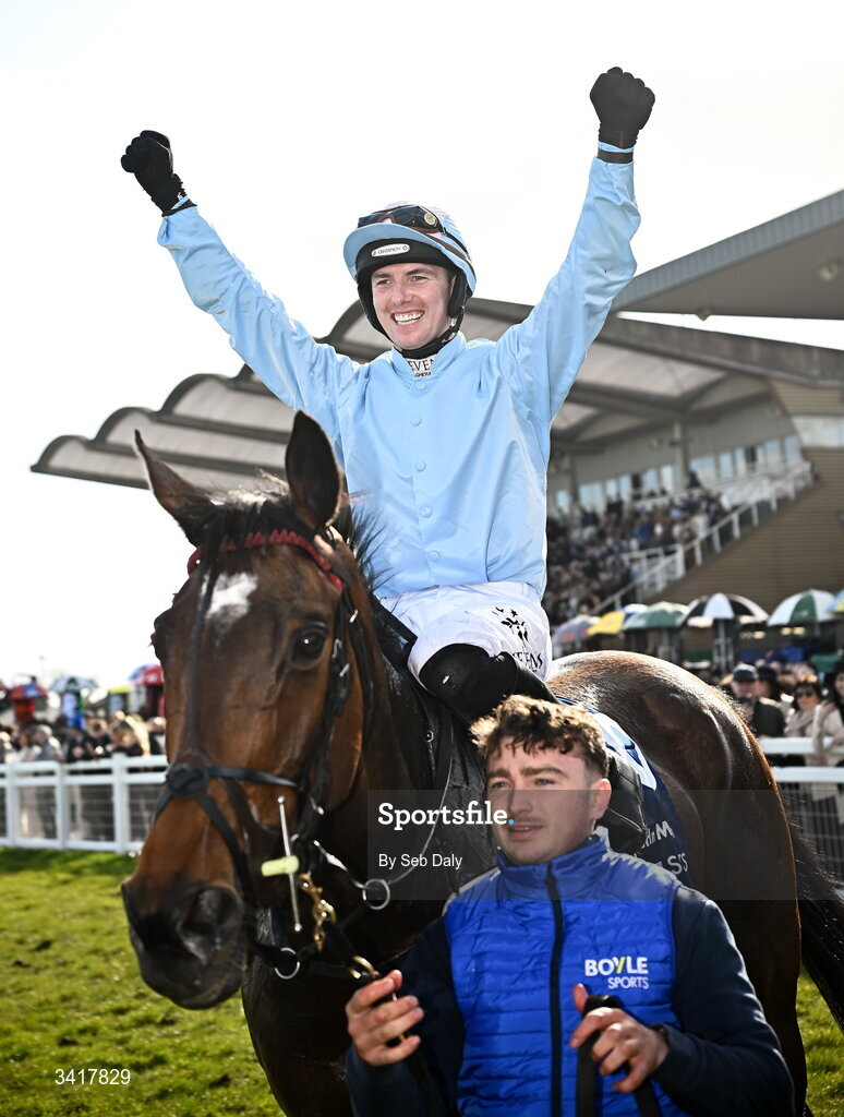 6 April 2026; Jockey Donagh Meyler celebrates after winning the BOYLE Sports Irish Grand National Steeplechase on Soldier In Milan during day three of the Fairyhouse Easter Festival at Fairyhouse Racecourse in Ratoath, Meath. Photo by Seb Daly/Sportsfile