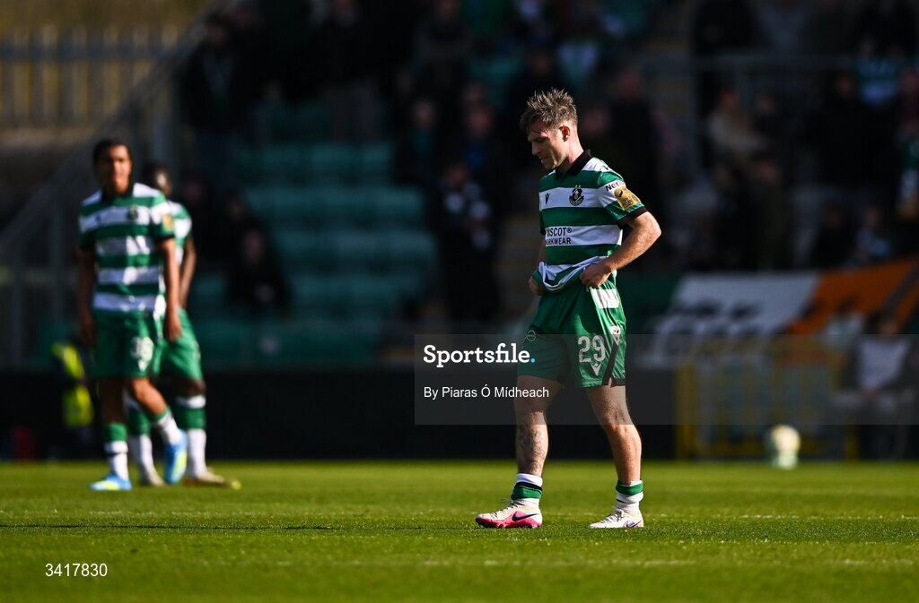 6 April 2026; Jack Byrne of Shamrock Rovers reacts after Shelbourne's first goal during the SSE Airtricity Men's Premier Division match between Shamrock Rovers and Shelbourne at Tallaght Stadium in Dublin. Photo by Piaras Ó Mídheach/Sportsfile