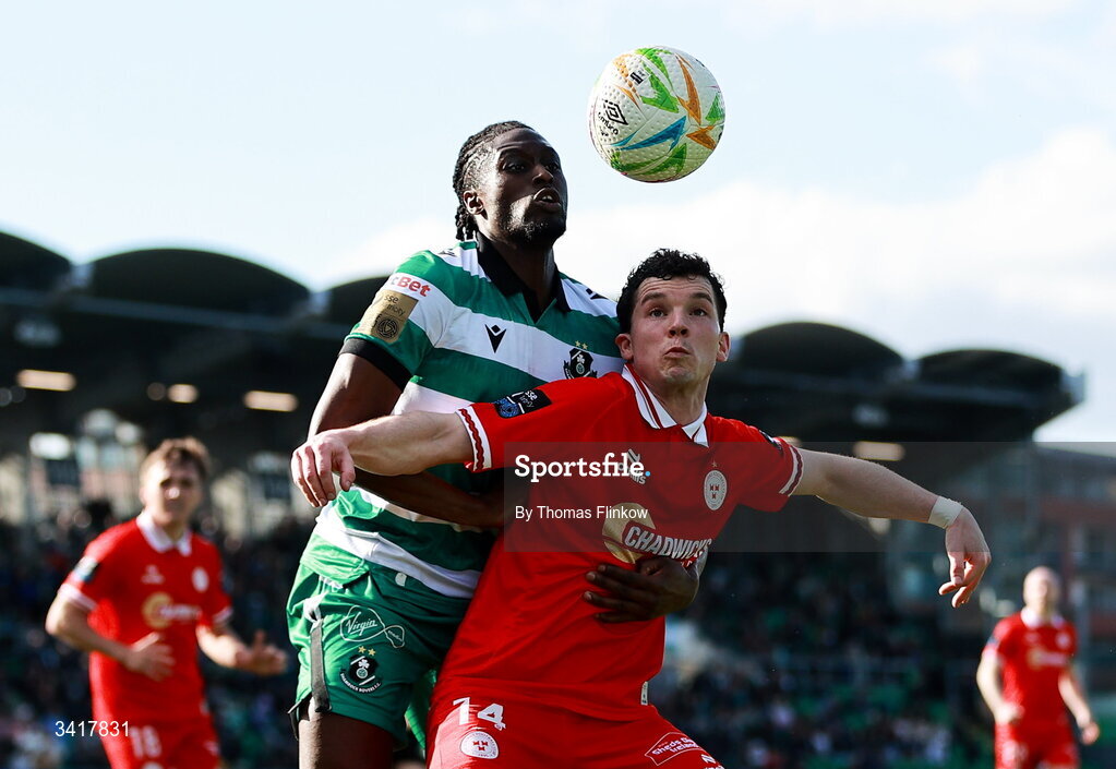 6 April 2026; Ali Coote of Shelbourne in action against Tunmise Sobowale of Shamrock Rovers during the SSE Airtricity Men's Premier Division match between Shamrock Rovers and Shelbourne at Tallaght Stadium in Dublin. Photo by Thomas Flinkow/Sportsfile