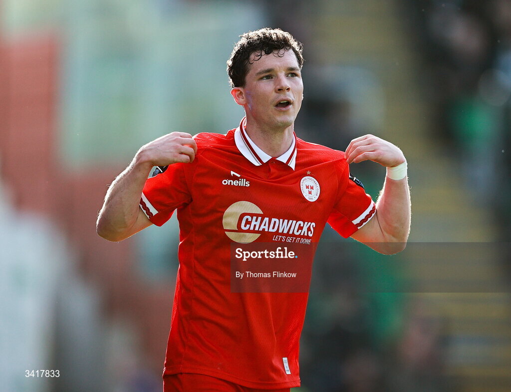 6 April 2026; Ali Coote of Shelbourne celebrates after scoring his side's first goal during the SSE Airtricity Men's Premier Division match between Shamrock Rovers and Shelbourne at Tallaght Stadium in Dublin. Photo by Thomas Flinkow/Sportsfile