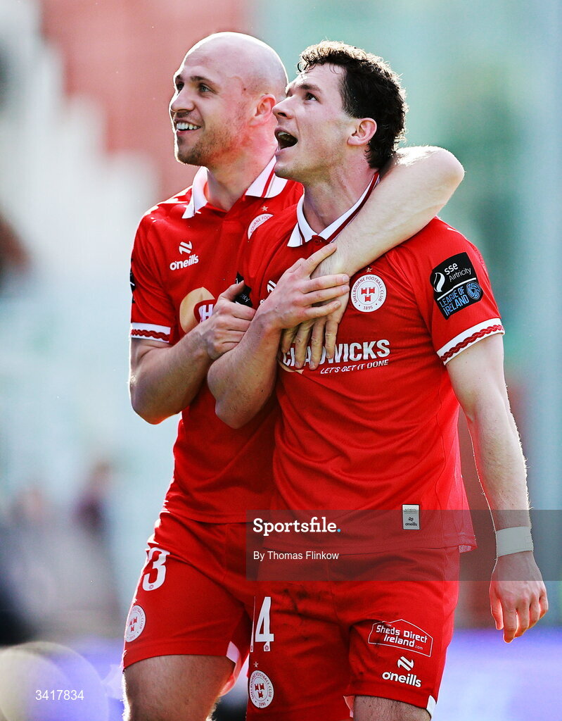 6 April 2026; Ali Coote of Shelbourne, front, celebrates with teammate Kerr McInroy after scoring his side's first goal during the SSE Airtricity Men's Premier Division match between Shamrock Rovers and Shelbourne at Tallaght Stadium in Dublin. Photo by Thomas Flinkow/Sportsfile