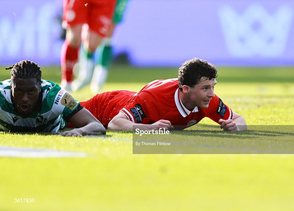 6 April 2026; Ali Coote of Shelbourne celebrates after scoring his side's first goal during the SSE Airtricity Men's Premier Division match between Shamrock Rovers and Shelbourne at Tallaght Stadium in Dublin. Photo by Thomas Flinkow/Sportsfile