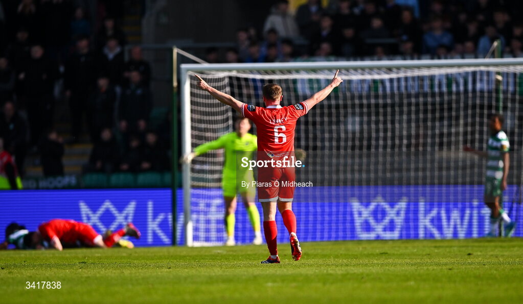 6 April 2026; JJ Lunney of Shelbourne, 6, celebrates after team-mate Ali Coote scored their side's first goal during the SSE Airtricity Men's Premier Division match between Shamrock Rovers and Shelbourne at Tallaght Stadium in Dublin. Photo by Piaras Ó Mídheach/Sportsfile