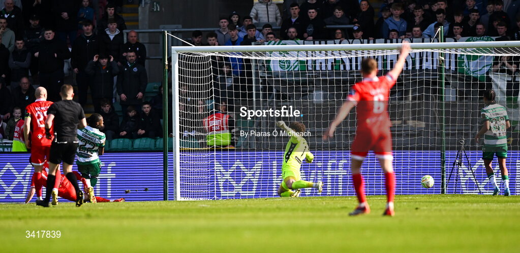 6 April 2026; Shamrock Rovers goalkeeper Ed McGinty is beaten for Shelbourne's first goal, scored by Ali Coote of Shelbourne, hidden, during the SSE Airtricity Men's Premier Division match between Shamrock Rovers and Shelbourne at Tallaght Stadium in Dublin. Photo by Piaras Ó Mídheach/Sportsfile
