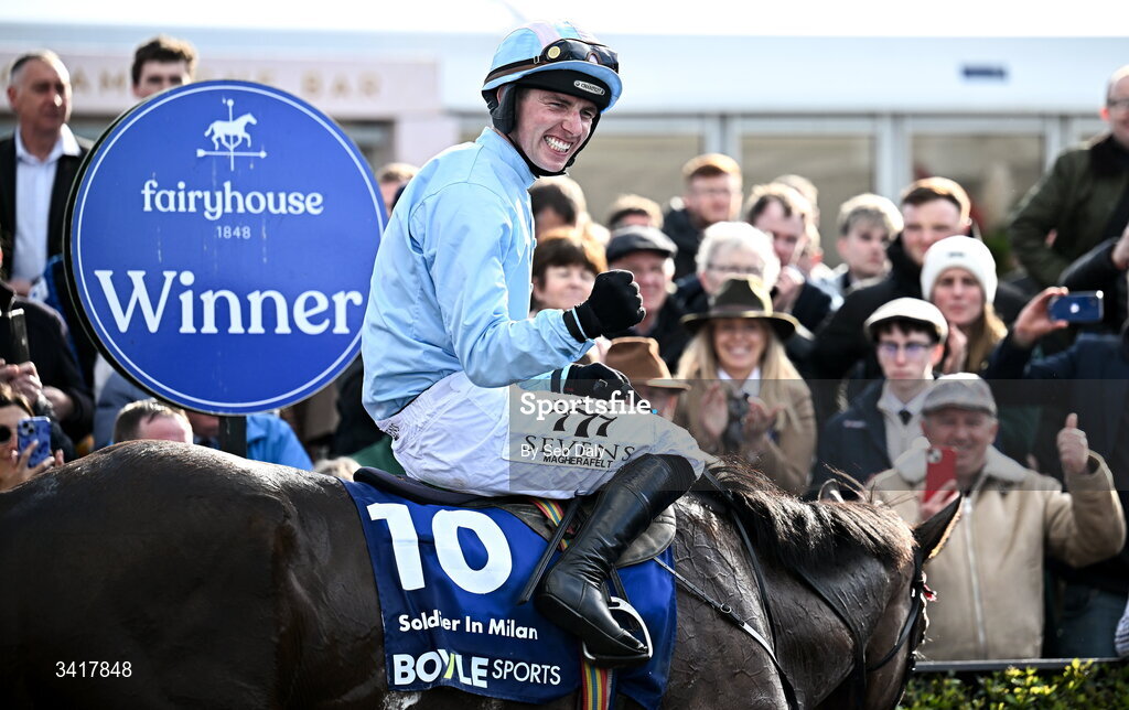 6 April 2026; Jockey Donagh Meyler celebrates after winning the BOYLE Sports Irish Grand National Steeplechase on Soldier In Milan during day three of the Fairyhouse Easter Festival at Fairyhouse Racecourse in Ratoath, Meath. Photo by Seb Daly/Sportsfile