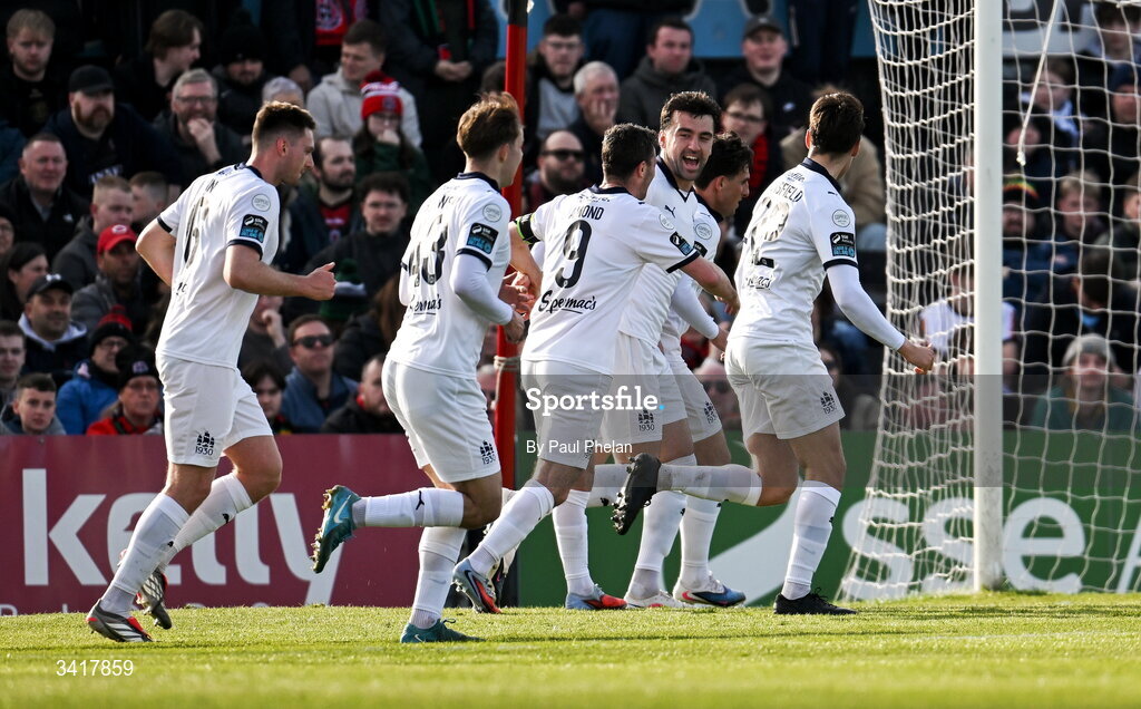 6 April 2026; John Mahon of Waterford celebrates with teammates after scoring his side's first goal during the SSE Airtricity Men's Premier Division match between Bohemians and Waterford at Dalymount Park in Dublin. Photo by Paul Phelan/Sportsfile