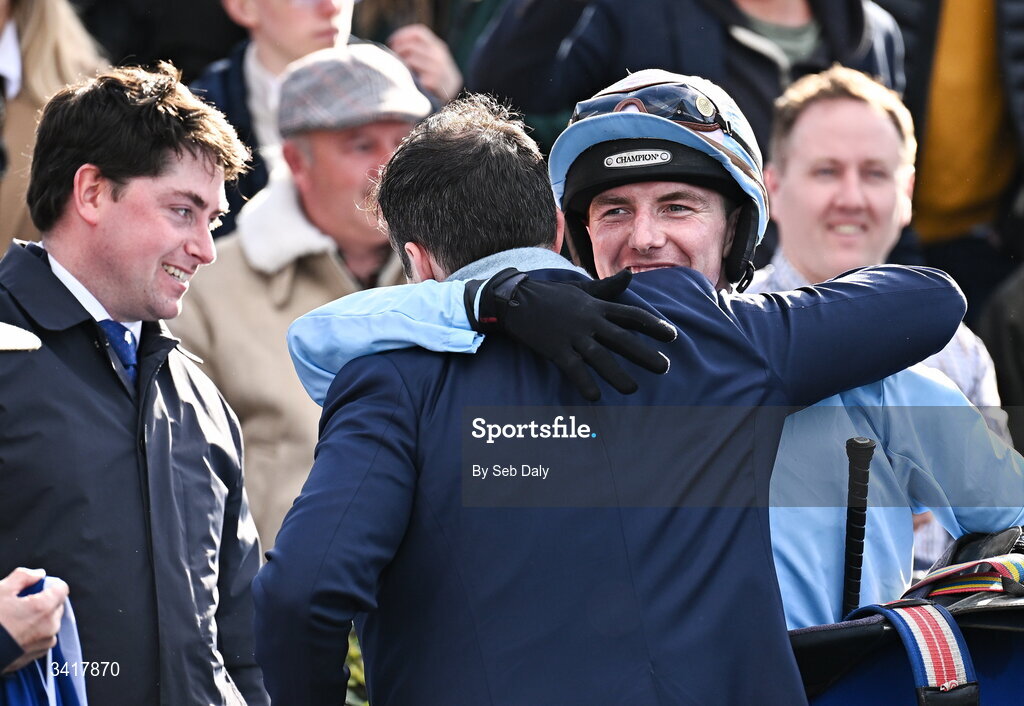 6 April 2026; Jockey Donagh Meyler, right, and owner Paul Byrne, centre, with trainer Emmet Mullins, left, after sending out Soldier In Milan to win the BOYLE Sports Irish Grand National Steeplechase during day three of the Fairyhouse Easter Festival at Fairyhouse Racecourse in Ratoath, Meath. Photo by Seb Daly/Sportsfile