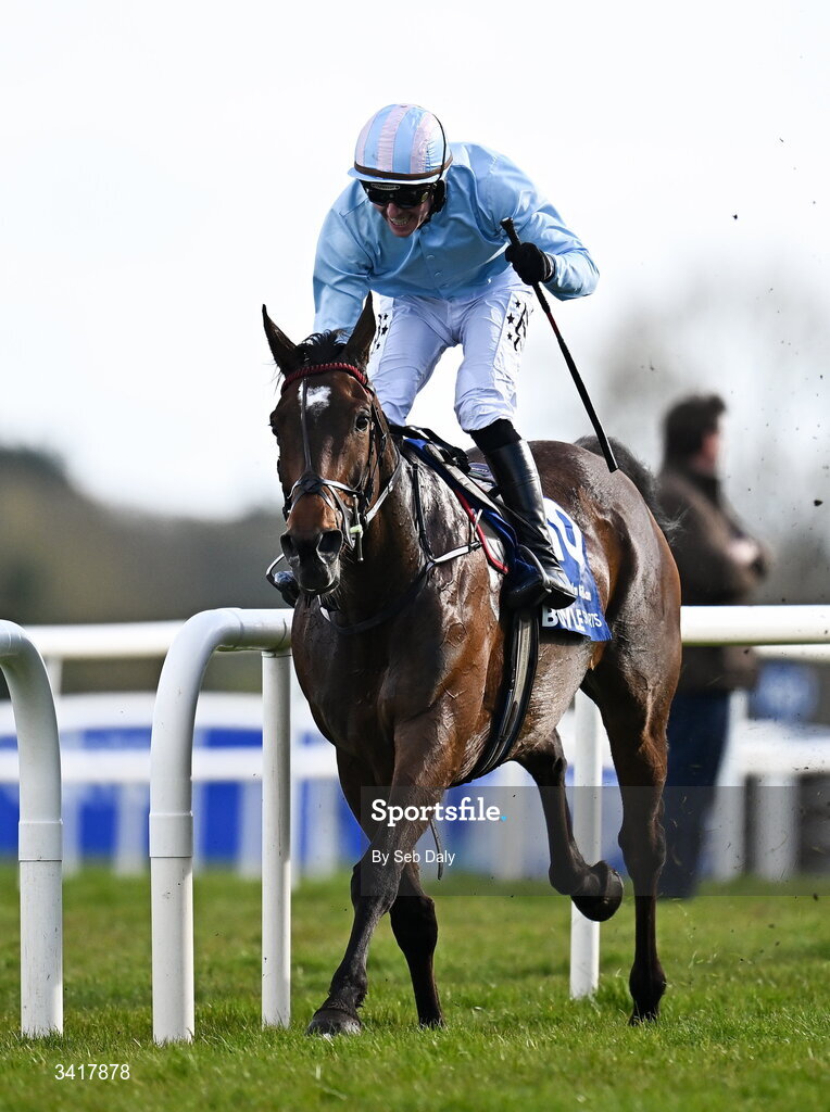 6 April 2026; Soldier In Milan, with Donagh Meyler up, on their way to winning the BOYLE Sports Irish Grand National Steeplechase during day three of the Fairyhouse Easter Festival at Fairyhouse Racecourse in Ratoath, Meath. Photo by Seb Daly/Sportsfile