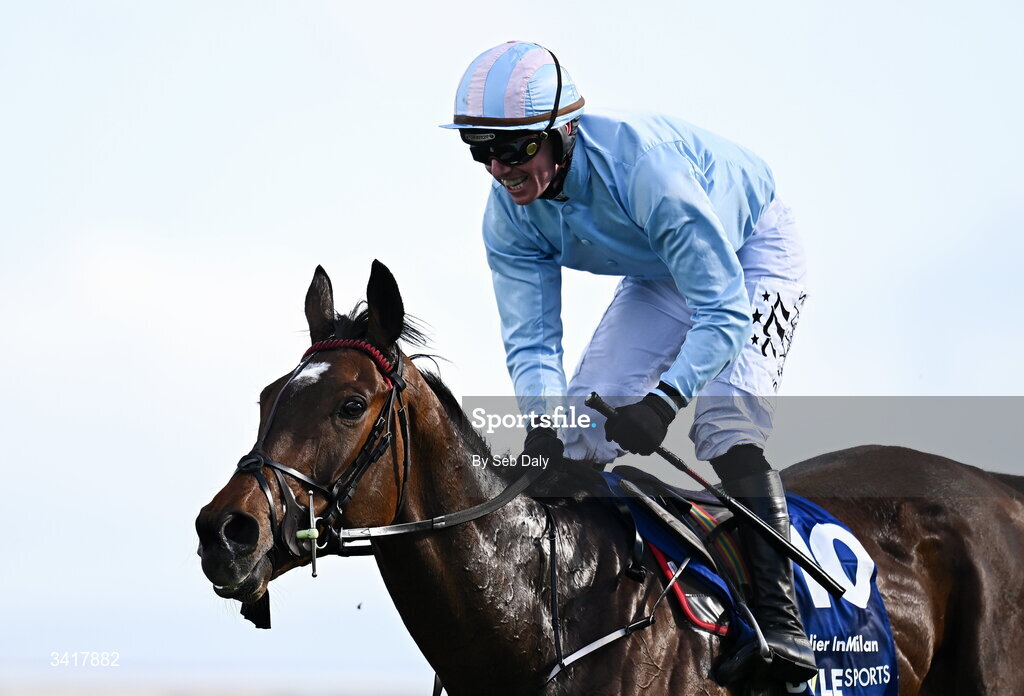 6 April 2026; Soldier In Milan, with Donagh Meyler up, cross the line to win the BOYLE Sports Irish Grand National Steeplechase during day three of the Fairyhouse Easter Festival at Fairyhouse Racecourse in Ratoath, Meath. Photo by Seb Daly/Sportsfile