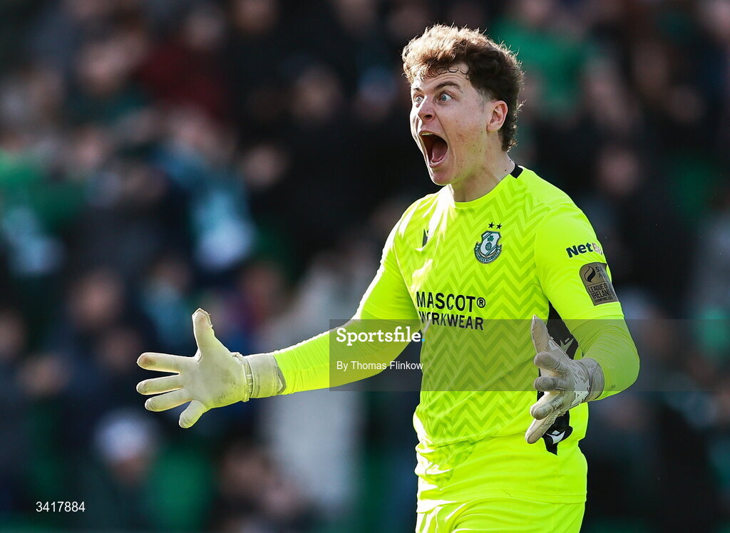6 April 2026; Shamrock Rovers goalkeeper Ed McGinty celebrates his side's first goal during the SSE Airtricity Men's Premier Division match between Shamrock Rovers and Shelbourne at Tallaght Stadium in Dublin. Photo by Thomas Flinkow/Sportsfile