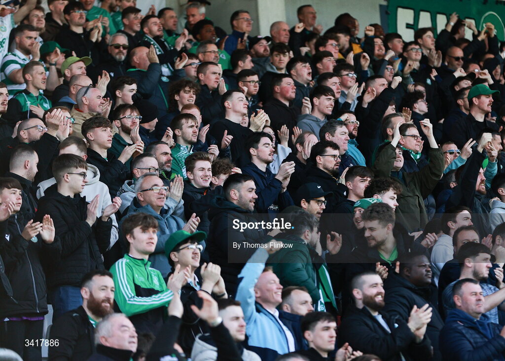 6 April 2026; Shamrock Rovers supporters celebrate their side's first goal, scored by Roberto Lopes, during the SSE Airtricity Men's Premier Division match between Shamrock Rovers and Shelbourne at Tallaght Stadium in Dublin. Photo by Thomas Flinkow/Sportsfile