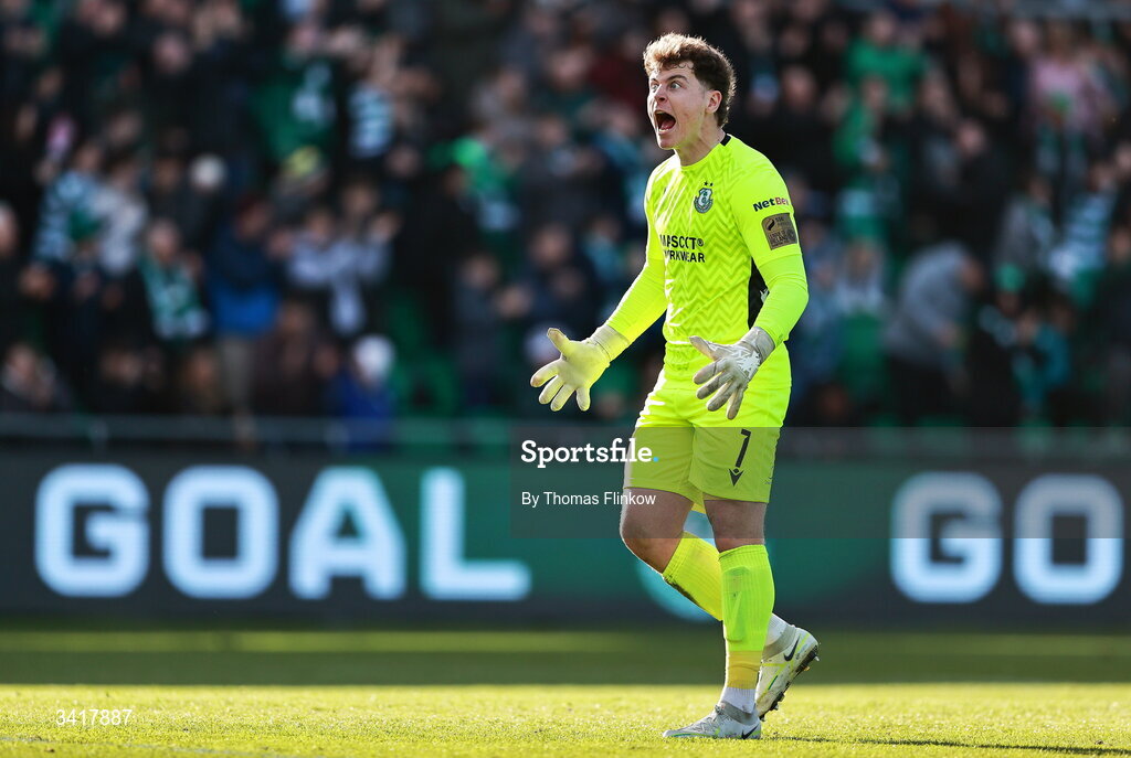 6 April 2026; Shamrock Rovers goalkeeper Ed McGinty celebrates his side's first goal during the SSE Airtricity Men's Premier Division match between Shamrock Rovers and Shelbourne at Tallaght Stadium in Dublin. Photo by Thomas Flinkow/Sportsfile