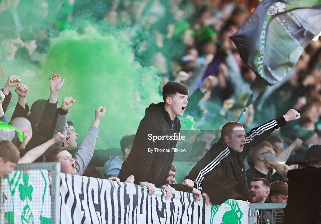 6 April 2026; Shamrock Rovers supporters celebrate their side's second goal during the SSE Airtricity Men's Premier Division match between Shamrock Rovers and Shelbourne at Tallaght Stadium in Dublin. Photo by Thomas Flinkow/Sportsfile