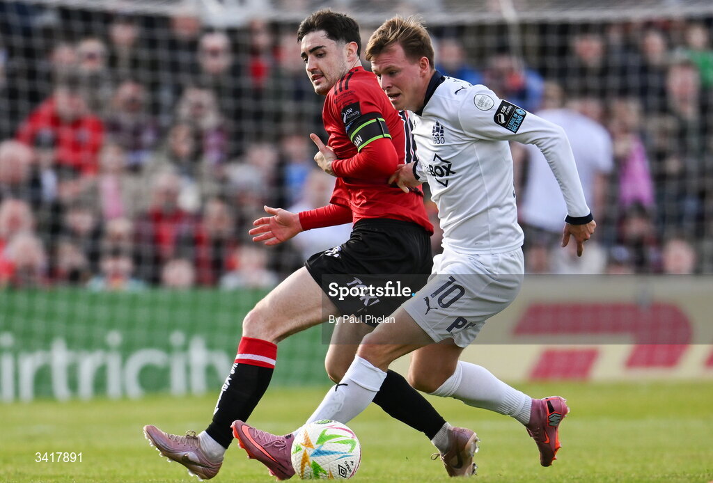 6 April 2026; Conan Noonan of Waterford in action against Dawson Devoy of Bohemians during the SSE Airtricity Men's Premier Division match between Bohemians and Waterford at Dalymount Park in Dublin. Photo by Paul Phelan/Sportsfile