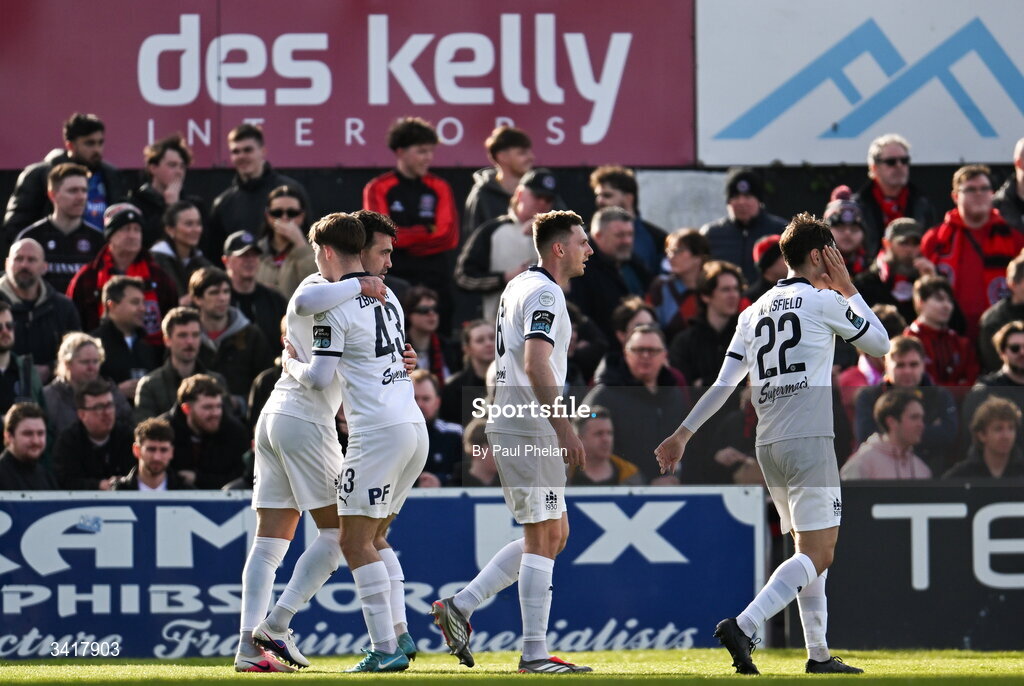 6 April 2026; John Mahon of Waterford celebrates with teammates after scoring his side's first goal during the SSE Airtricity Men's Premier Division match between Bohemians and Waterford at Dalymount Park in Dublin. Photo by Paul Phelan/Sportsfile