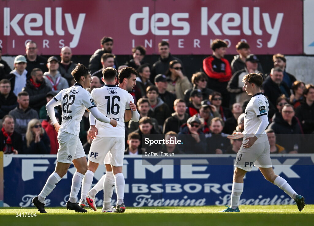6 April 2026; John Mahon of Waterford celebrates with teammates after scoring his side's first goal during the SSE Airtricity Men's Premier Division match between Bohemians and Waterford at Dalymount Park in Dublin. Photo by Paul Phelan/Sportsfile