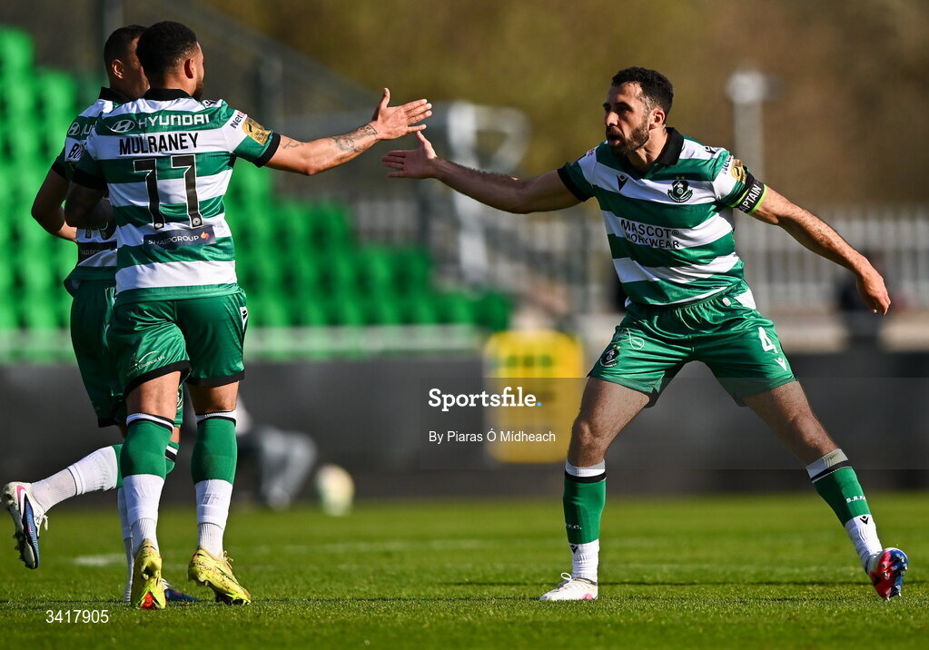 6 April 2026; Roberto Lopes of Shamrock Rovers celebrates with Jake Mulraney, 11, after scoring their side's first goal during the SSE Airtricity Men's Premier Division match between Shamrock Rovers and Shelbourne at Tallaght Stadium in Dublin. Photo by Piaras Ó Mídheach/Sportsfile