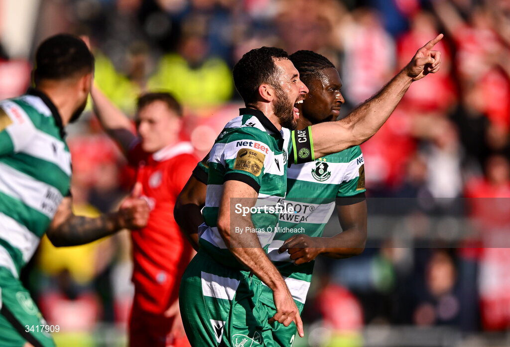 6 April 2026; Roberto Lopes of Shamrock Rovers celebrates scoring his side's first goal during the SSE Airtricity Men's Premier Division match between Shamrock Rovers and Shelbourne at Tallaght Stadium in Dublin. Photo by Piaras Ó Mídheach/Sportsfile