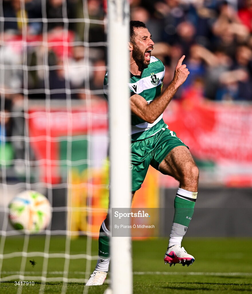 6 April 2026; Roberto Lopes of Shamrock Rovers celebrates scoring his side's first goal during the SSE Airtricity Men's Premier Division match between Shamrock Rovers and Shelbourne at Tallaght Stadium in Dublin. Photo by Piaras Ó Mídheach/Sportsfile