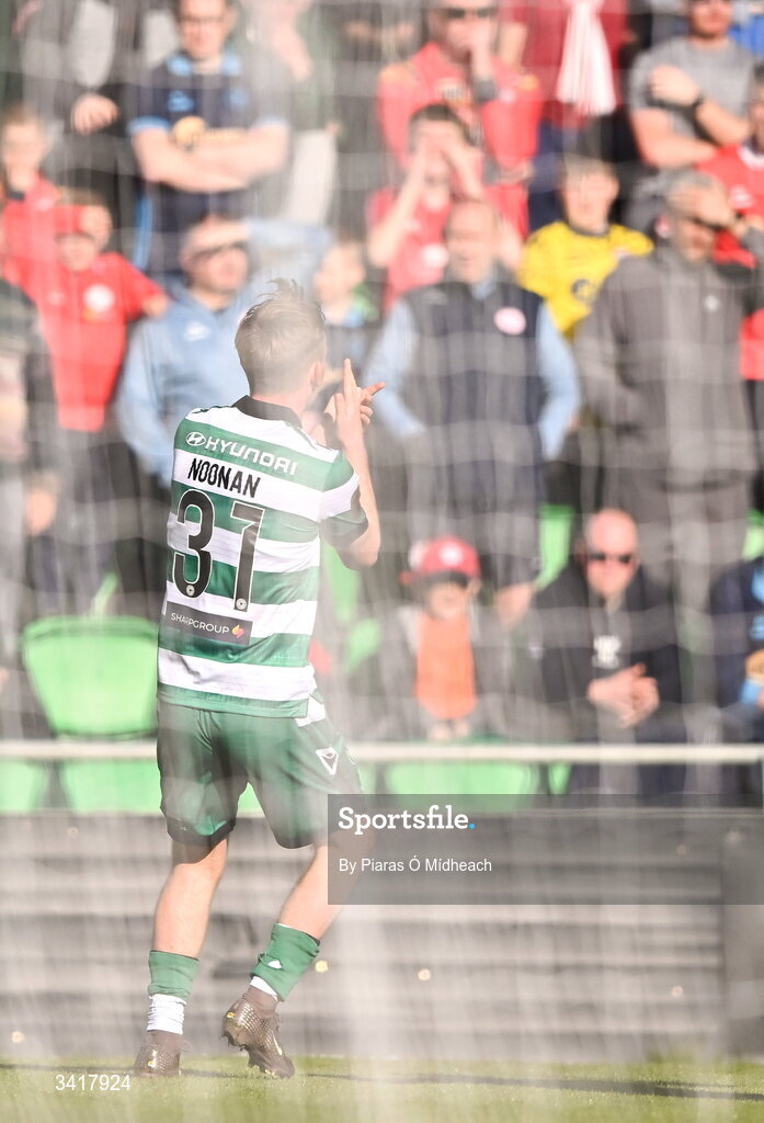6 April 2026; Michael Noonan of Shamrock Rovers, 31, celebrates in front of the Shelbourne supporters after scoring his side's second goal during the SSE Airtricity Men's Premier Division match between Shamrock Rovers and Shelbourne at Tallaght Stadium in Dublin. Photo by Piaras Ó Mídheach/Sportsfile
