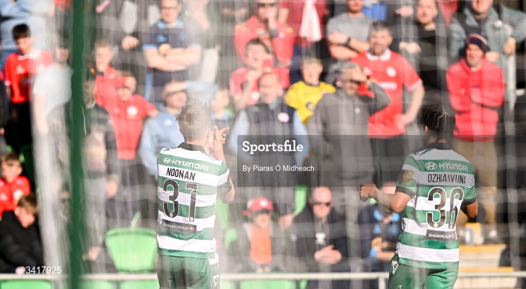 6 April 2026; Michael Noonan of Shamrock Rovers, 31, celebrates in front of the Shelbourne supporters after scoring his side's second goal during the SSE Airtricity Men's Premier Division match between Shamrock Rovers and Shelbourne at Tallaght Stadium in Dublin. Photo by Piaras Ó Mídheach/Sportsfile