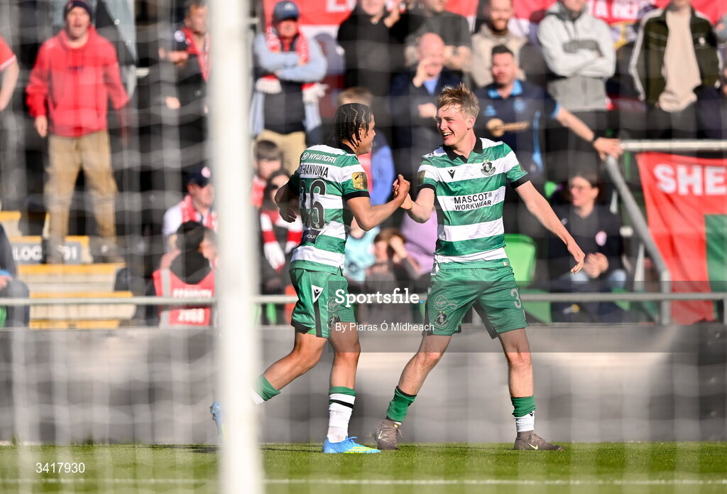6 April 2026; Michael Noonan of Shamrock Rovers, right, celebrates with team-mate Victor Ozhianvuna after scoring their side's second goal during the SSE Airtricity Men's Premier Division match between Shamrock Rovers and Shelbourne at Tallaght Stadium in Dublin. Photo by Piaras Ó Mídheach/Sportsfile
