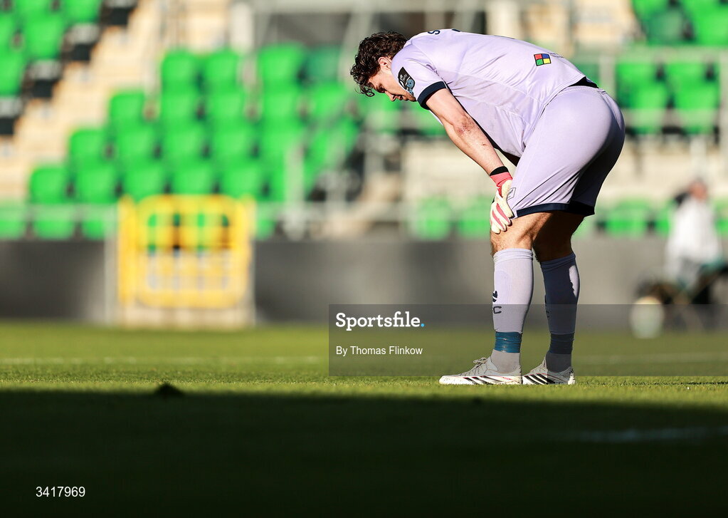 6 April 2026; Shelbourne goalkeeper Wessel Speel reacts after conceding a third goal during the SSE Airtricity Men's Premier Division match between Shamrock Rovers and Shelbourne at Tallaght Stadium in Dublin. Photo by Thomas Flinkow/Sportsfile