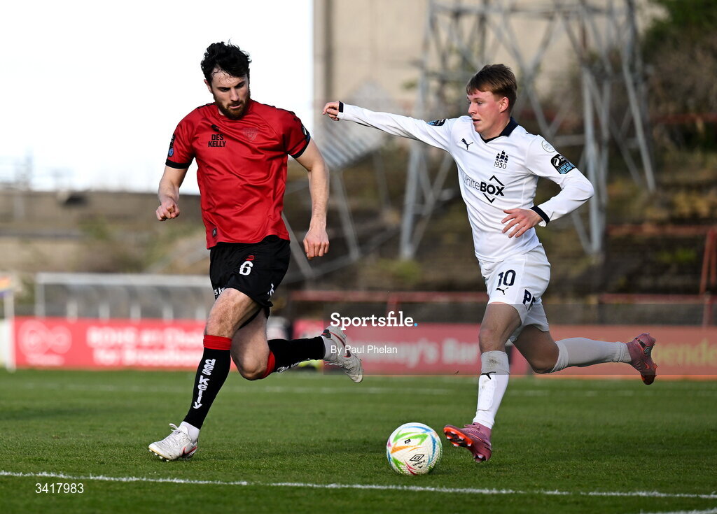 6 April 2026; Jordan Flores of Bohemians in action against Conan Noonan of Waterford during the SSE Airtricity Men's Premier Division match between Bohemians and Waterford at Dalymount Park in Dublin. Photo by Paul Phelan/Sportsfile
