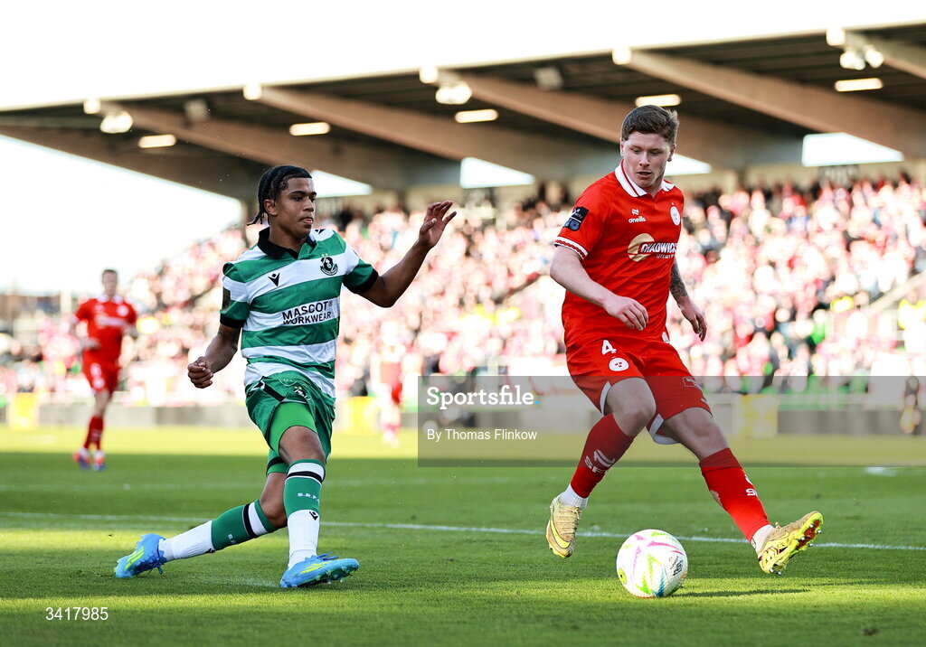 6 April 2026; Kameron Ledwidge of Shelbourne in action against Victor Ozhianvuna of Shamrock Rovers during the SSE Airtricity Men's Premier Division match between Shamrock Rovers and Shelbourne at Tallaght Stadium in Dublin. Photo by Thomas Flinkow/Sportsfile