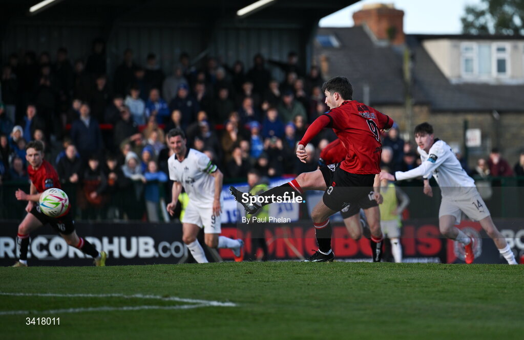 6 April 2026; Colm Whelan of Bohemians scores a penalty during the SSE Airtricity Men's Premier Division match between Bohemians and Waterford at Dalymount Park in Dublin. Photo by Paul Phelan/Sportsfile
