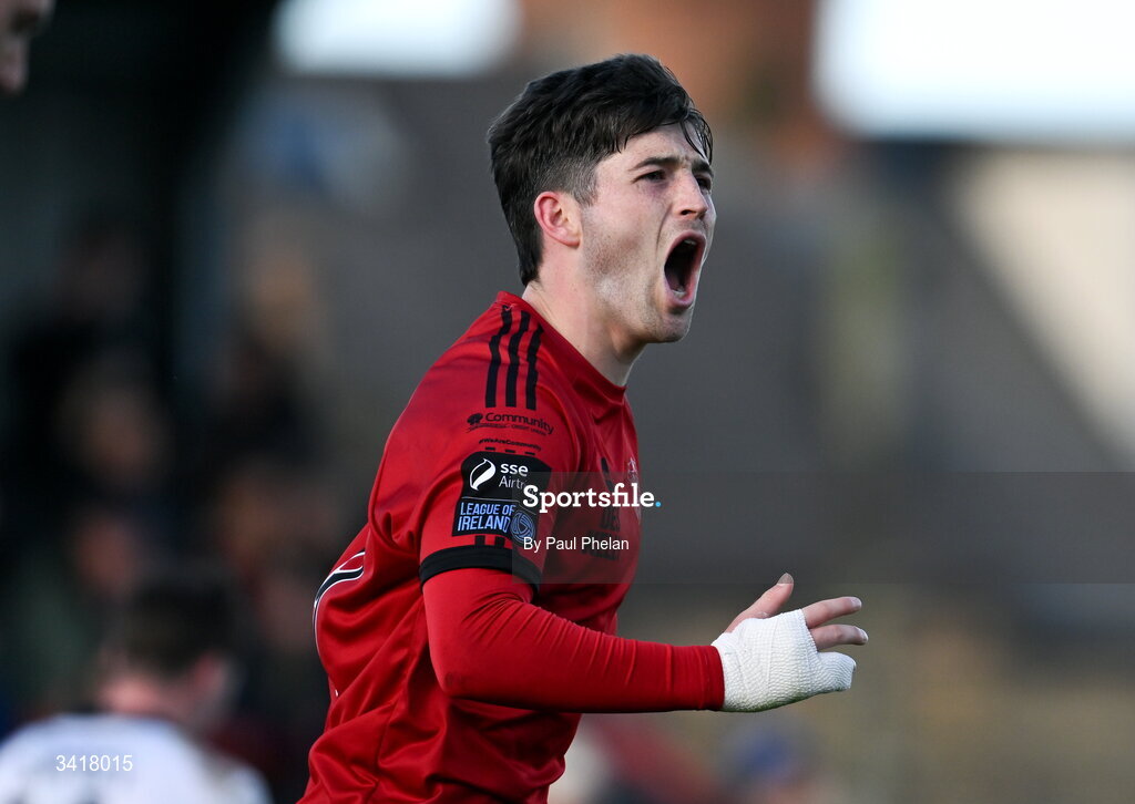 6 April 2026; Colm Whelan of Bohemians celebrates after scoring his side's first goal during the SSE Airtricity Men's Premier Division match between Bohemians and Waterford at Dalymount Park in Dublin. Photo by Paul Phelan/Sportsfile
