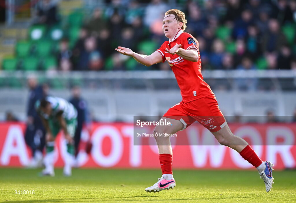 6 April 2026; Jack Henry-Francis of Shelbourne celebrates scoring his side's second goal during the SSE Airtricity Men's Premier Division match between Shamrock Rovers and Shelbourne at Tallaght Stadium in Dublin. Photo by Piaras Ó Mídheach/Sportsfile