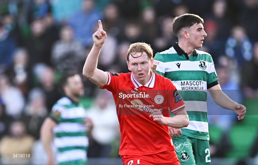 6 April 2026; Jack Henry-Francis of Shelbourne celebrates scoring his side's second goal during the SSE Airtricity Men's Premier Division match between Shamrock Rovers and Shelbourne at Tallaght Stadium in Dublin. Photo by Piaras Ó Mídheach/Sportsfile