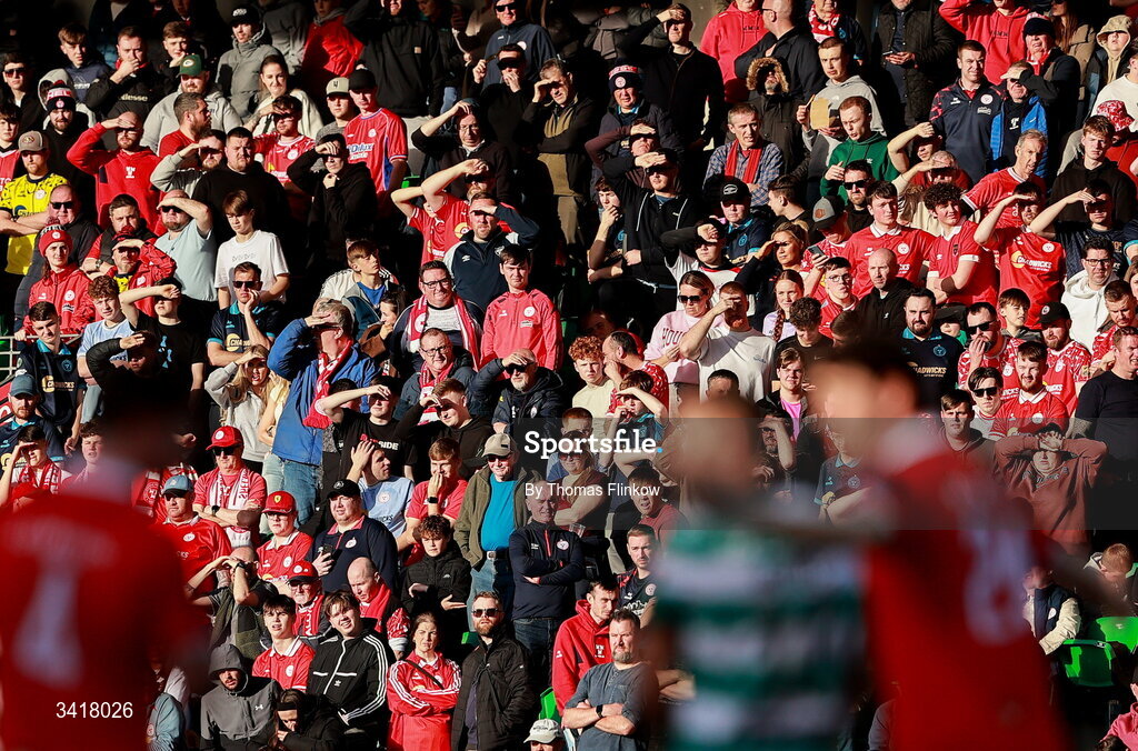 6 April 2026; Shelbourne supporters during the SSE Airtricity Men's Premier Division match between Shamrock Rovers and Shelbourne at Tallaght Stadium in Dublin. Photo by Thomas Flinkow/Sportsfile