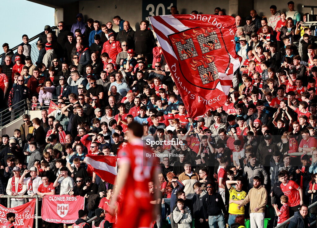 6 April 2026; Shelbourne supporters celebrate their side's second goal during the SSE Airtricity Men's Premier Division match between Shamrock Rovers and Shelbourne at Tallaght Stadium in Dublin. Photo by Thomas Flinkow/Sportsfile