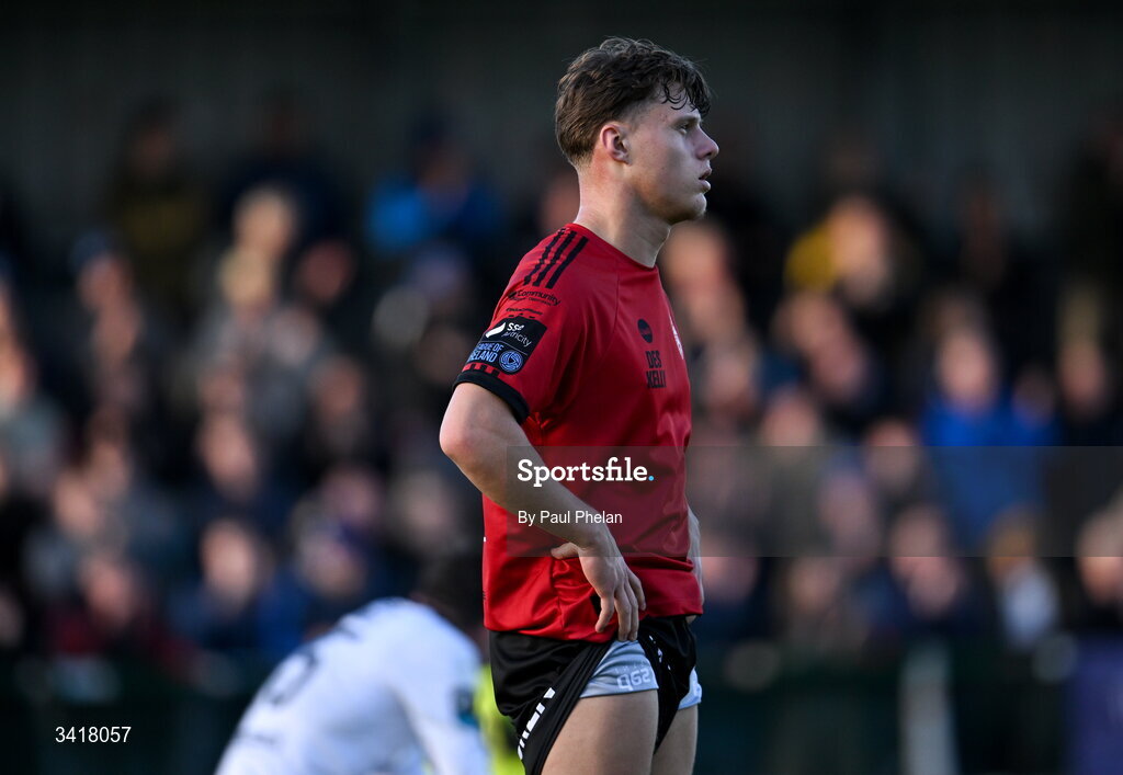 6 April 2026; Markuss Strods of Bohemians reacts after the SSE Airtricity Men's Premier Division match between Bohemians and Waterford at Dalymount Park in Dublin. Photo by Paul Phelan/Sportsfile
