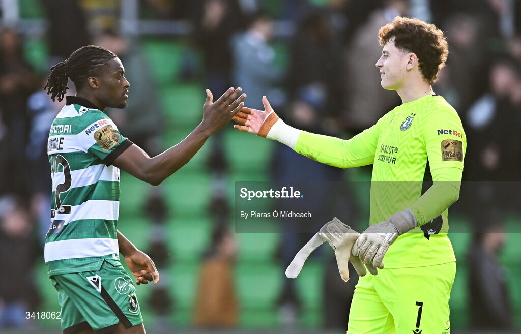 6 April 2026; Shamrock Rovers players Tunmise Sobowale, left, and Ed McGinty after their side's victory in the SSE Airtricity Men's Premier Division match between Shamrock Rovers and Shelbourne at Tallaght Stadium in Dublin. Photo by Piaras Ó Mídheach/Sportsfile